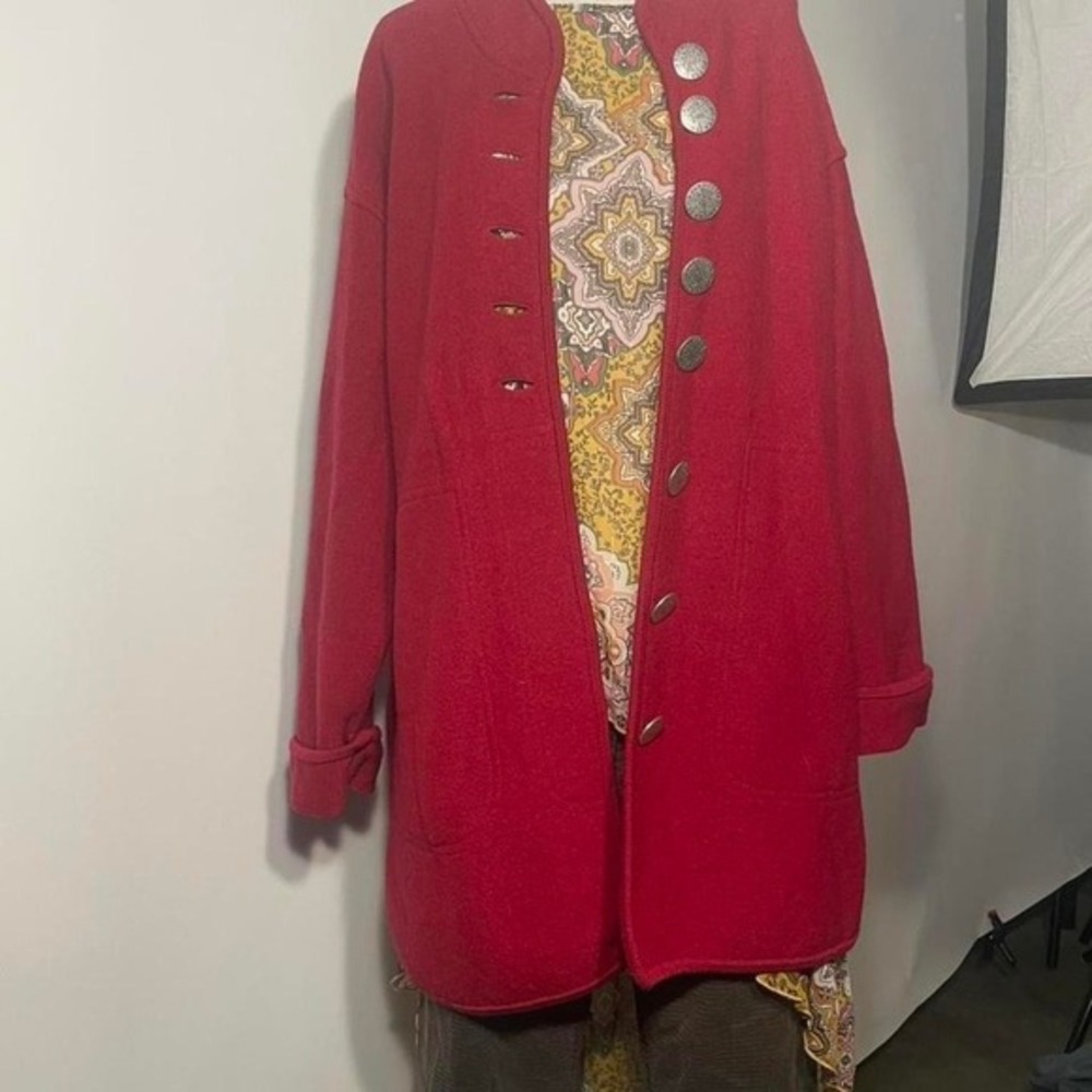 Red vintage Geiger wool coat with silver buttons gorgeous statement piece!